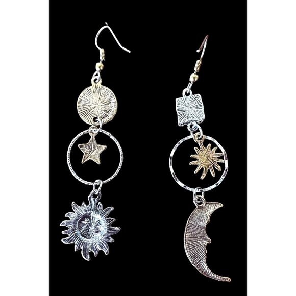 Celestial Sun Moon Stars Earrings Dangle Tarot Halloween Eclectic Mismatched - Picture 12 of 12